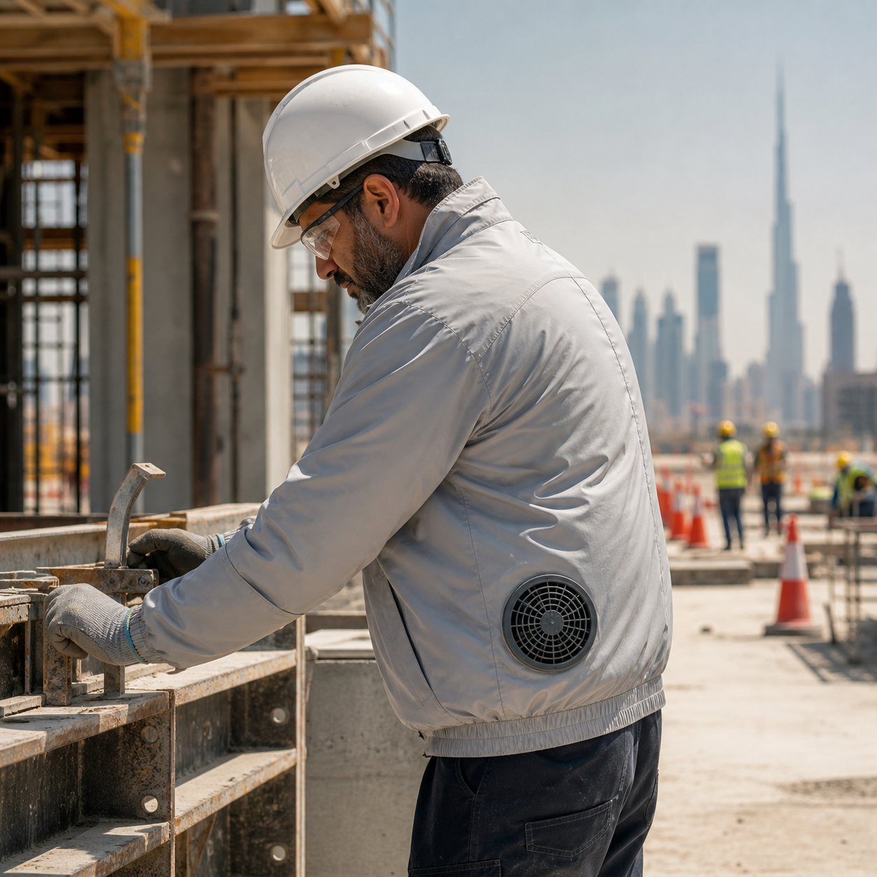 Worker wearing cooling workwear on a Dubai construction site